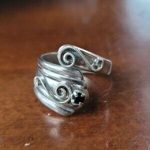 Vintage Silver Plated Black Rhinestone Spoon Ring Size 7 Adjustable